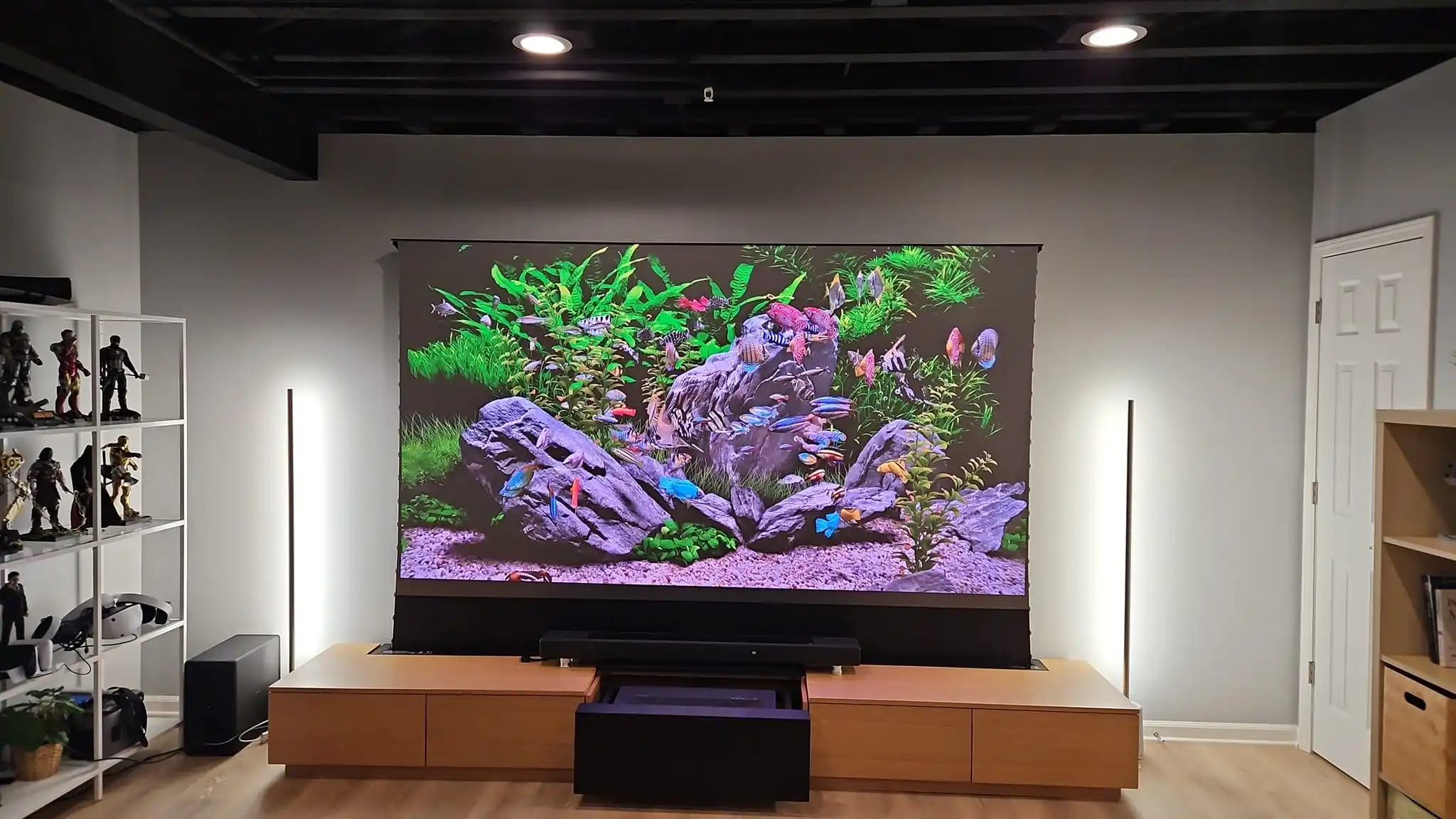 

72-120 Inch PET Crystal Floor Rising Projection Screen Integrated Cabinet for 4K UHD Ultra Short Throw Laser Projector