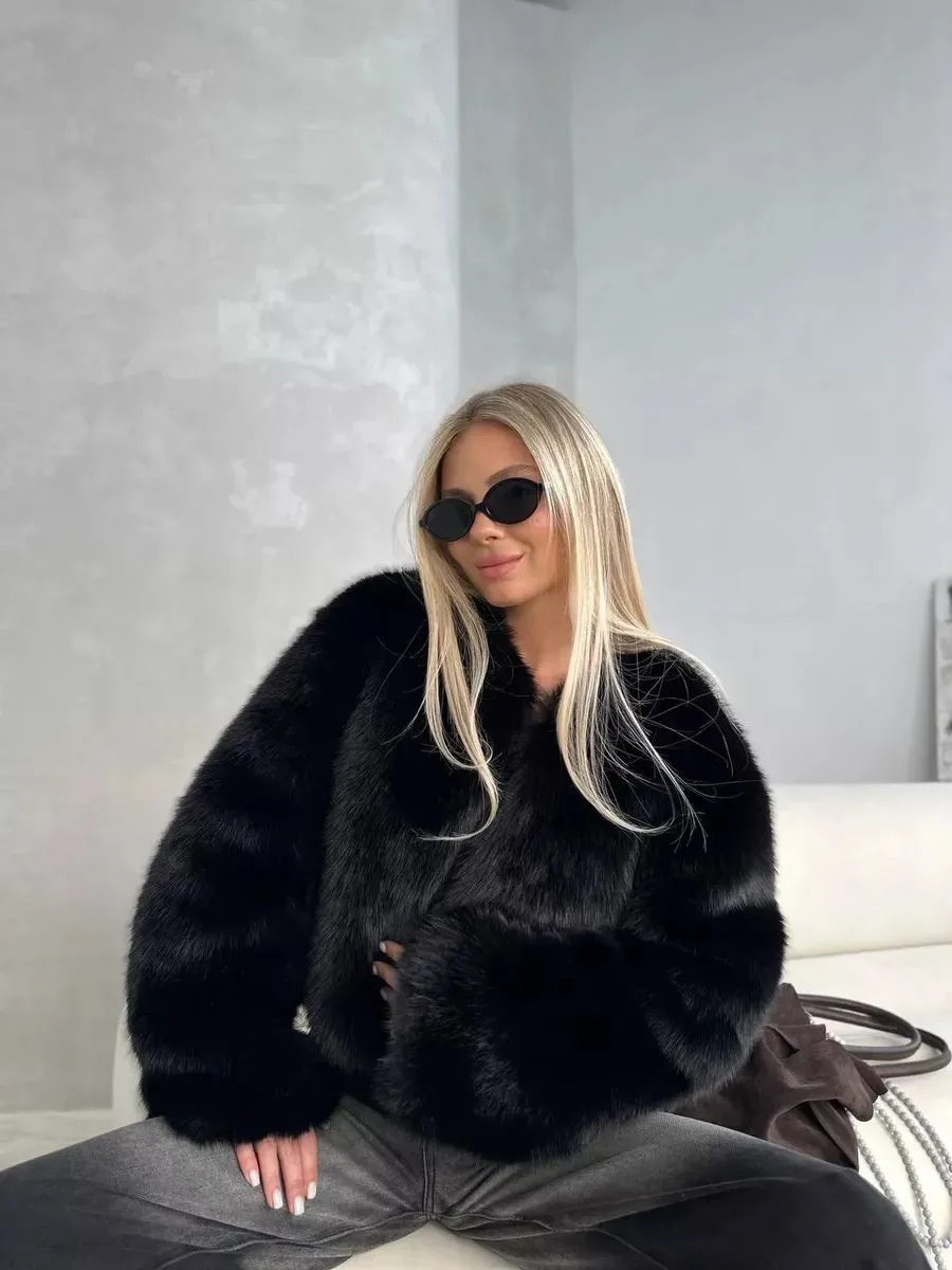 Women Faux Fur Coats Solid Short Jackets Long Sleeve Round Neck Open Stitch Thick Straight Fit Elegant Casual 2026 Autumn Winter