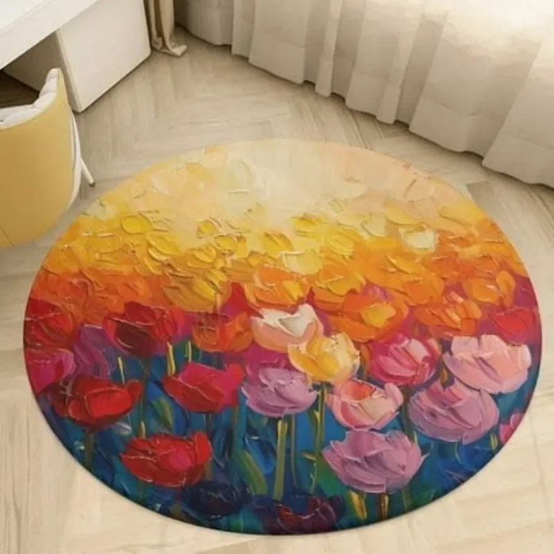 Round Rug Abstract Sunset Flower Area Rugs Living Room Textured Oil Painting Carpet Vintage Decor Floor Mat Desk Chair Mats