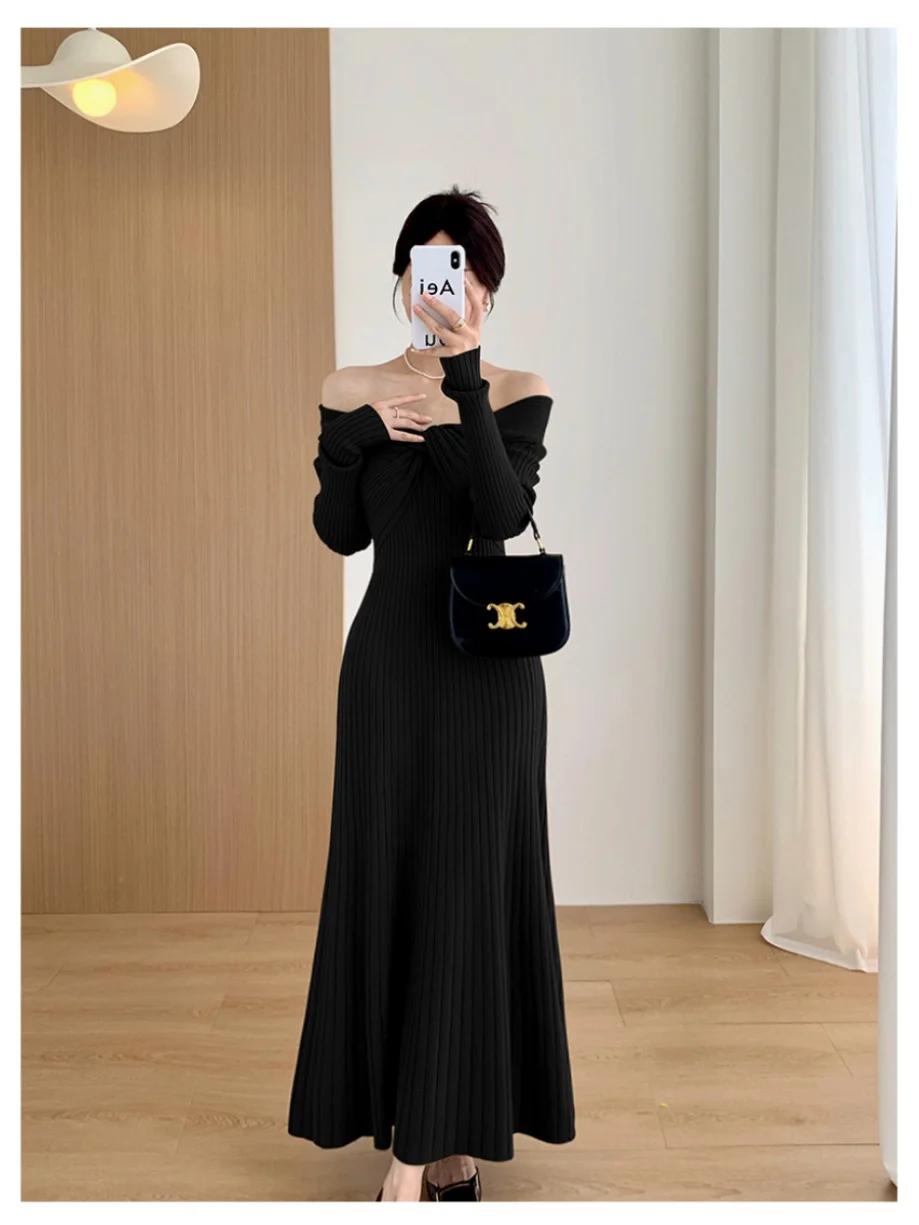 Saia Longa de Tricô Slimming de Cintura Alta, Modelo Bodycon, Um Ombro, Camada Base Vermelha, Outono Inverno, Cor Pura