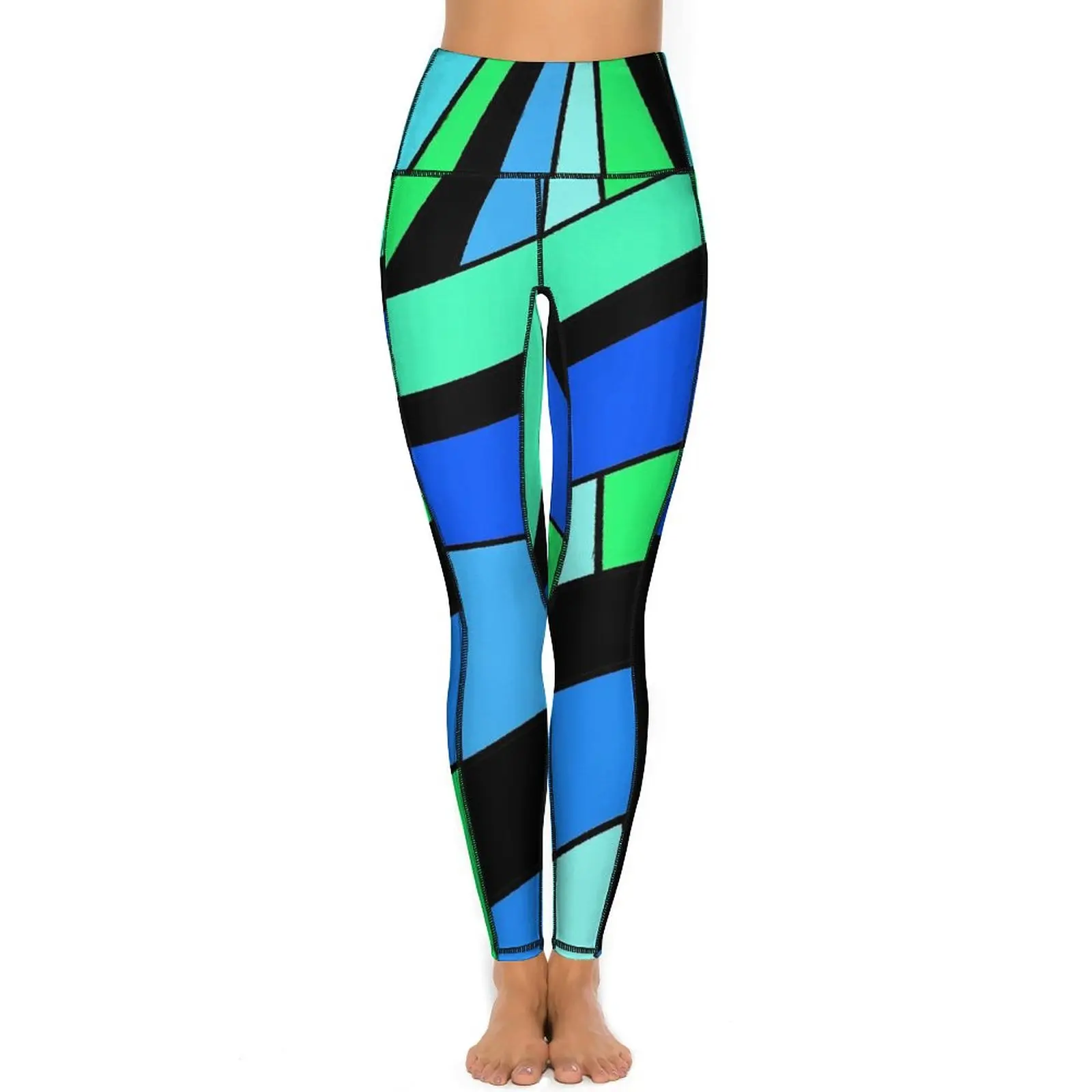 Colorblock Print Leggings Sexy Blue And Green High Waist Yoga Pants Sweet Stretchy Leggins Women Pattern Running Sports Tights