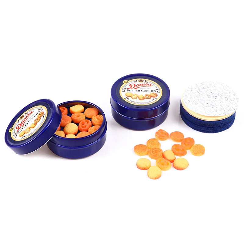1Pc 1/12 Dollhouse Miniature Danish Cookie Blue Tin Box Model Set Kitchen Accessories For Doll House Decor Kids Play Toys Gift