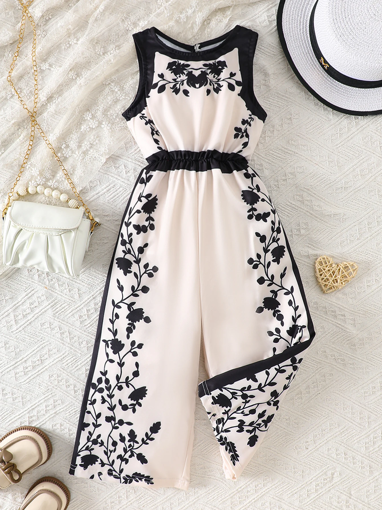 Girls' Fashionable Woven Floral Print Jumpsuit, Wide-Leg Pants, One-Piece Outfit