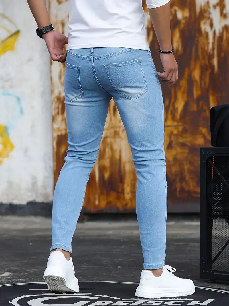 Spring Summer Men\'s Jeans Ripped Stretch cotton Black Blue Slim Pencil Pants Everyday Casual Social Denim Pants Calça Masculina