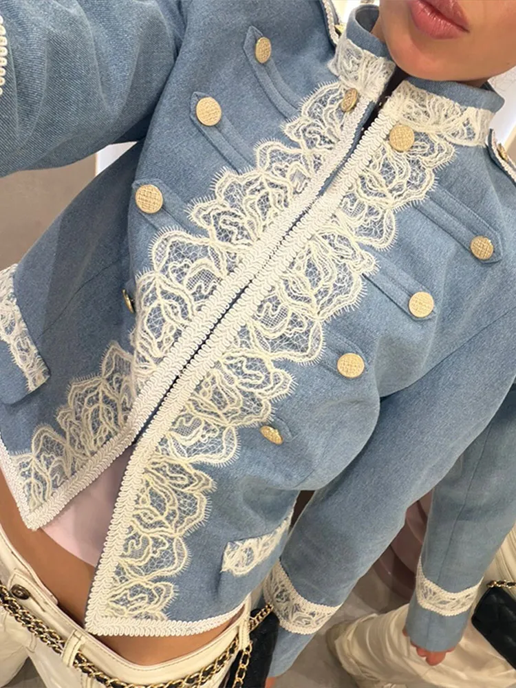 Stand Collar Lace Short Women's Denim Jacket Covered Button Full Sleeve Pockets Solid 2026 Spring Autumn Fashion Casual Coat