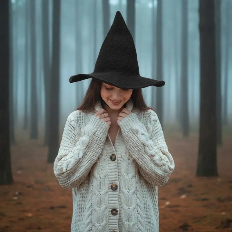 Halloween-Hexenmütze aus Strick, spitze Form, Baumwollgarn, Cosplay-Kostümzubehör, faltbarer Zaubererhut für Mädchen. – Detail 2