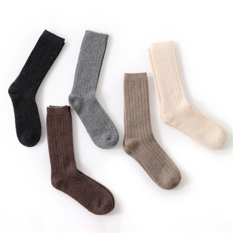 Autumn Winter High-End 100% Cashmere Socks Cold-Proof Warm Women Knitted Mid-Calf Socks Versatile Outer Wear Ins Long Socks