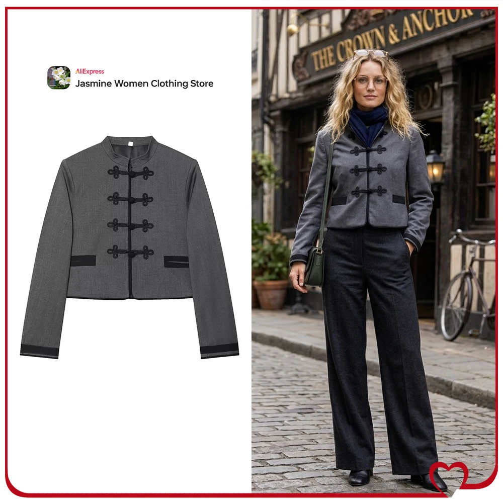 Stylish Frog Fastening Blazers for Women Spring & Autumn High Round Neck Long Sleeves Blazers with Contrasting Cuffs and Pockets