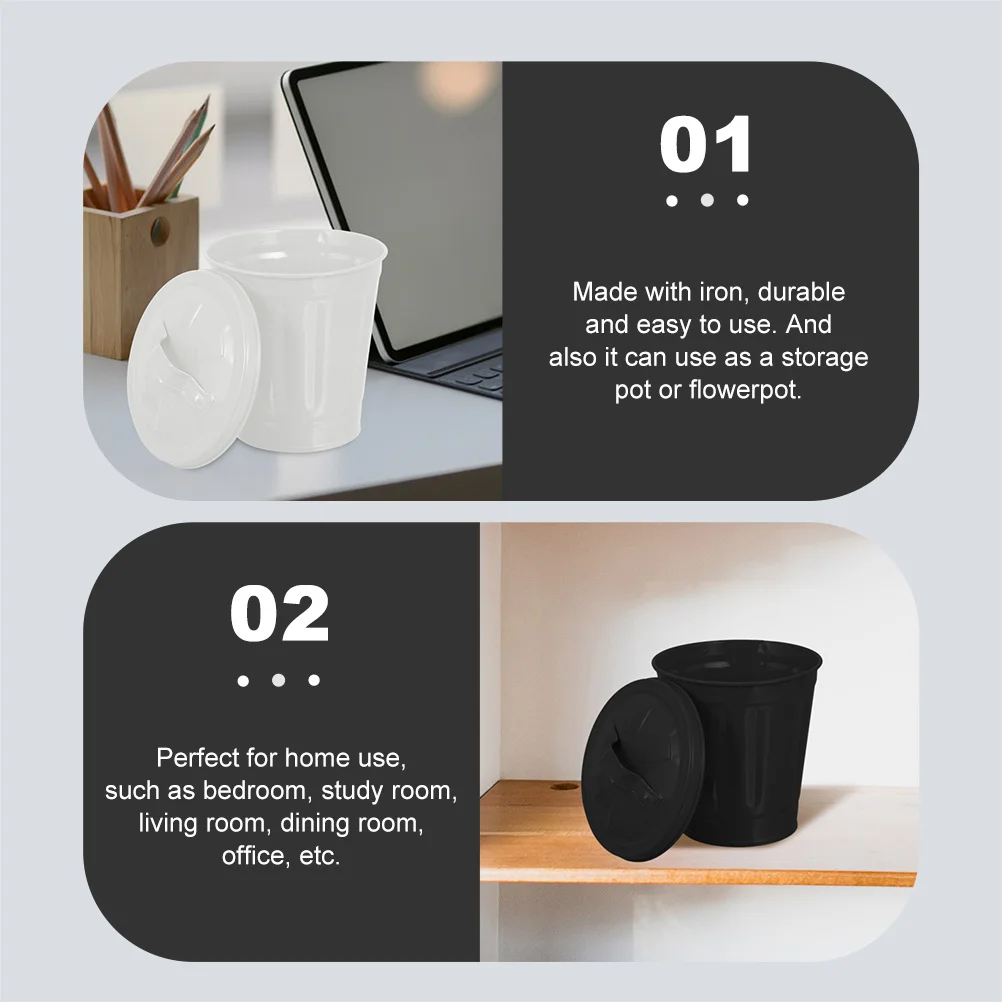 

2pcs Mini Trash Can Iron Desktop Waste Container With Lid For Home Office Adorable Household Garbage Storage Bin
