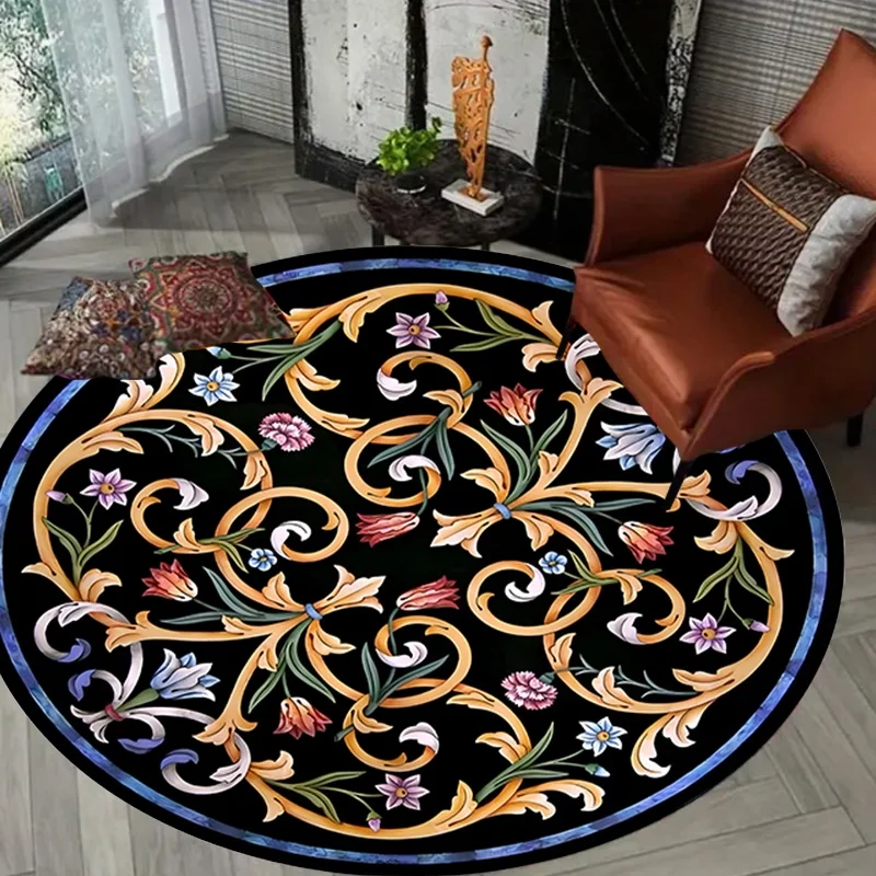 Baroque Floral Round Area Rug, Ornate Curlicue Flower Circular Floor Mat, Indoor Home Decor Rug
