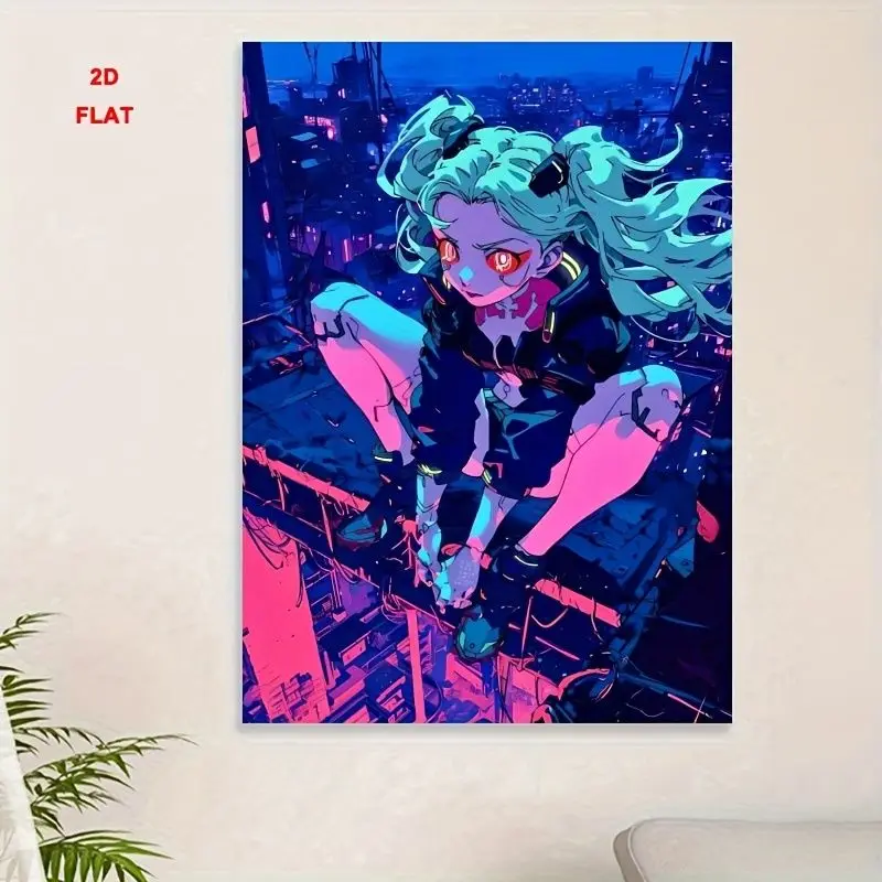 VIKAMA Cyberpunk Double Horsetail Animation Girl City Night Tapestry, Anime Wall Hanging for Bedroom Decor