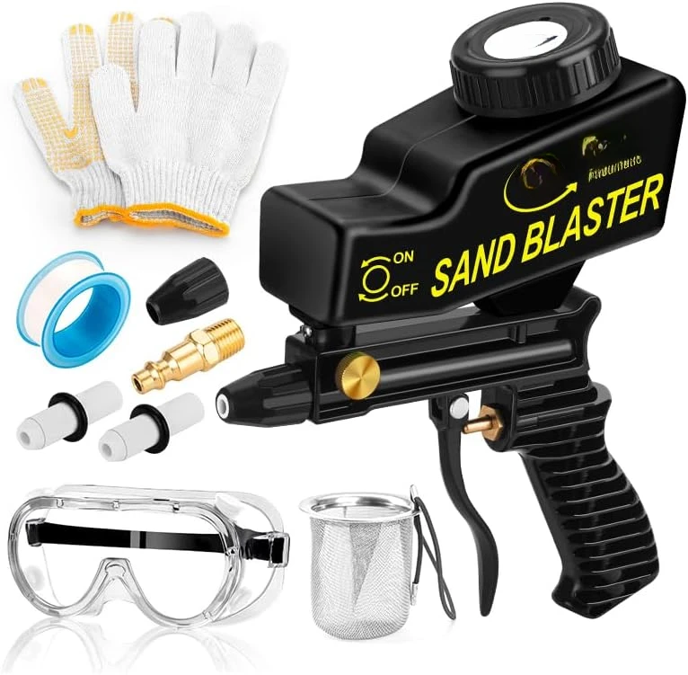 Air Sand Blaster Gun with Gravity Feed - Ceramic Nozzle, Metal Body | for Paint, Rust Removal, and Glass Etching | Versati