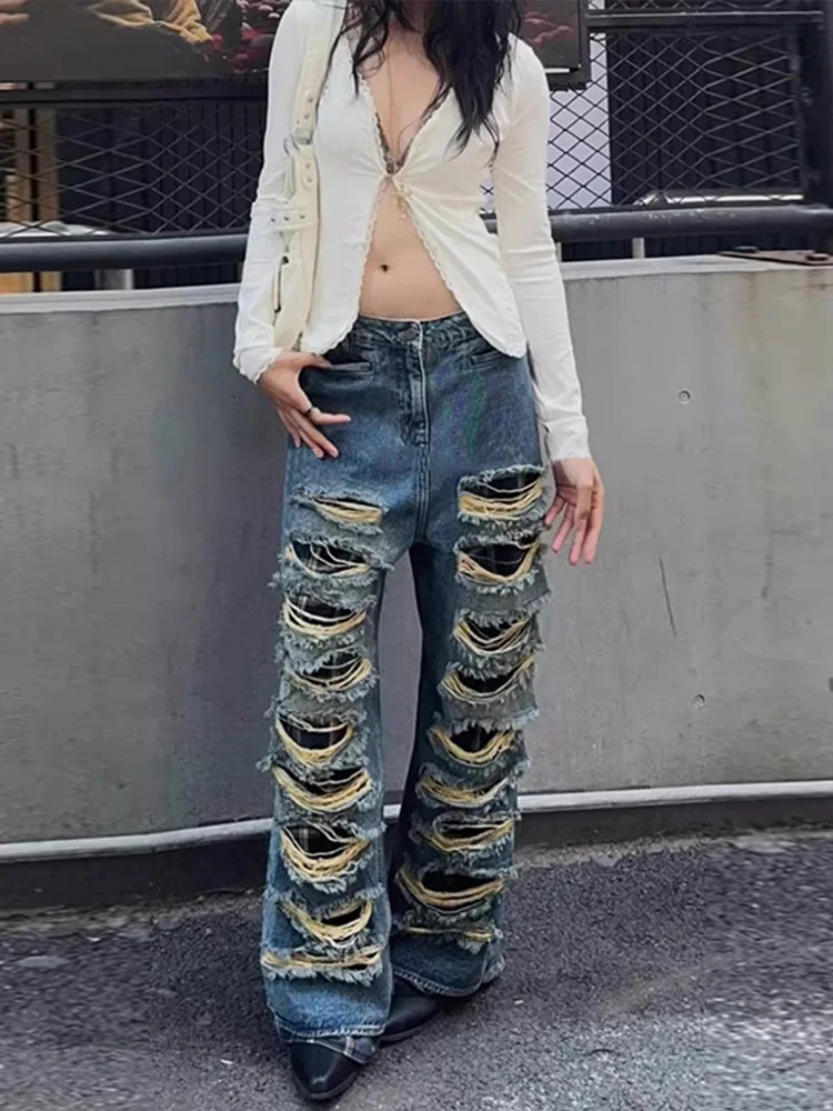 

Винтажные женские джинсовые брюки с рваными дырками, потертые летние новые джинсы, модные шикарные модные женские брюки с вырезами