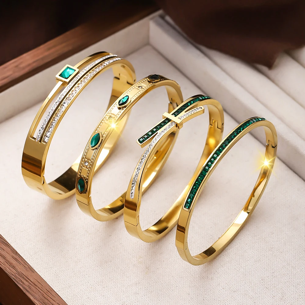 

4Pcs/Set Stainless Steel Women's Set Cuff Bracelet Bangle, Noble Green Zircon Series, Party Exquisite Jewelry Accessories Gift
