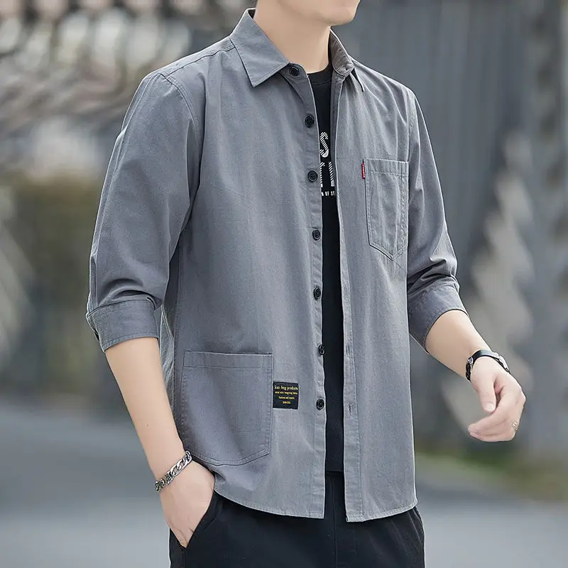 Summer Trendy Versatile 7-quarter Sleeve Shirt Men's Work Shirt Loose Short-sleeved Top Jacket
