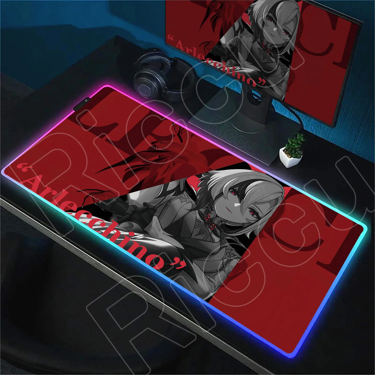 

RGB Anime Mouse Pad Genshin Impact Arlecchino Backlight Deskmat Office Gaming Accessories LED Glowing Gamer Cabinet Keyboard Pad
