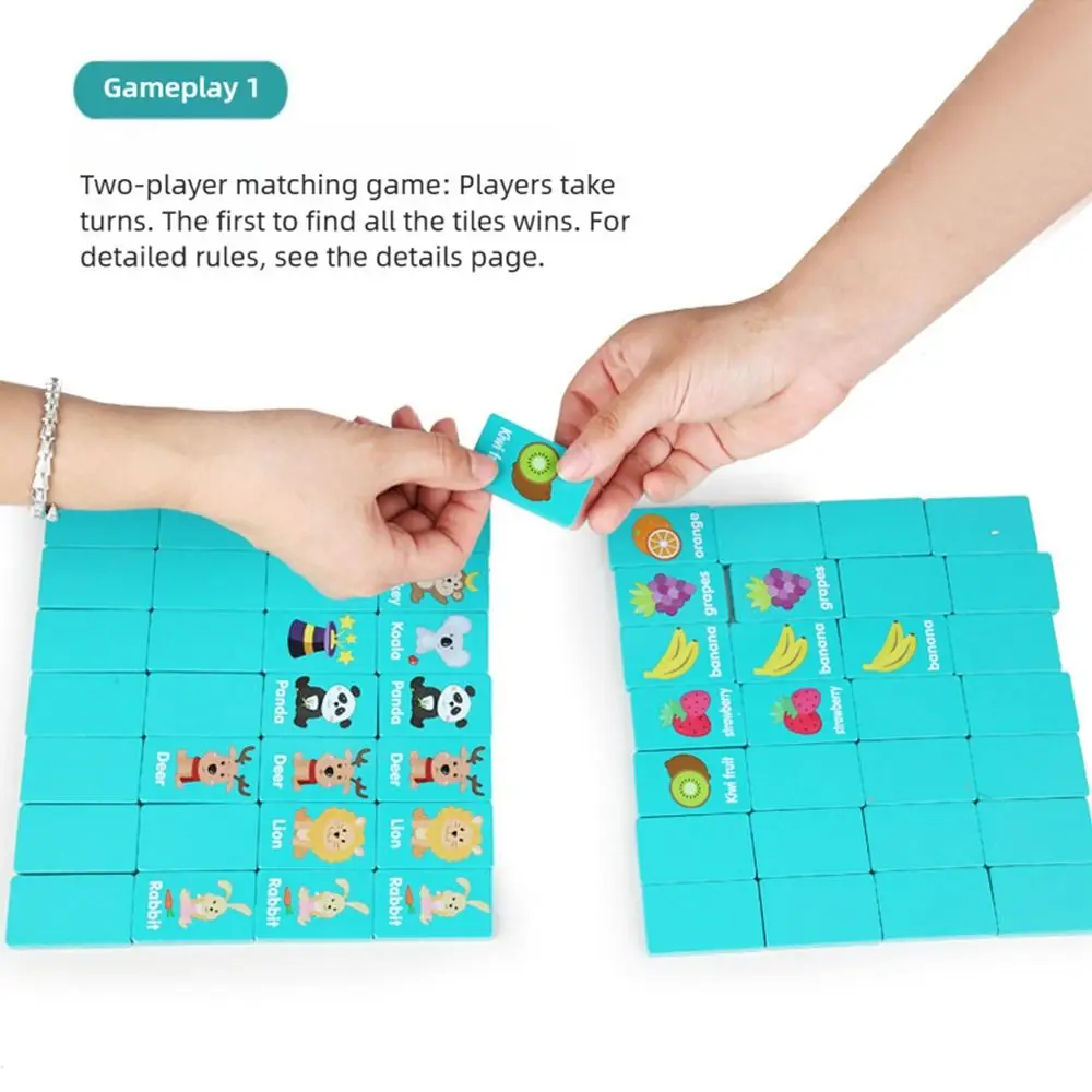 36PCS Creative Wood Chain Game Blue Cartoon Fruit Animal Mahjong Game Pair Matching Matching Game Montessori Learning