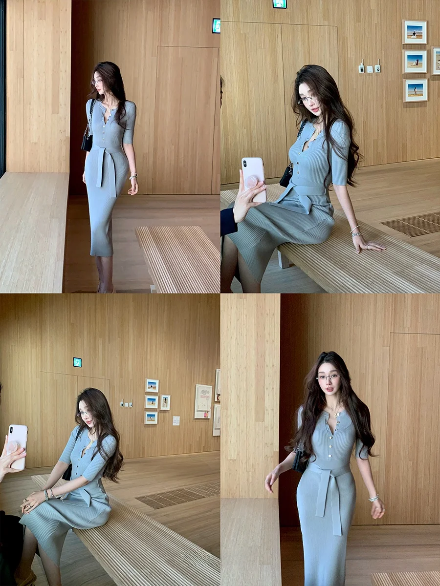 

Blue Knitted Dress Women's Waist-Cinching Sleeveless V-neck Pullover Long Dress ACHI Brand Soft Viscose And Polyester Fabric