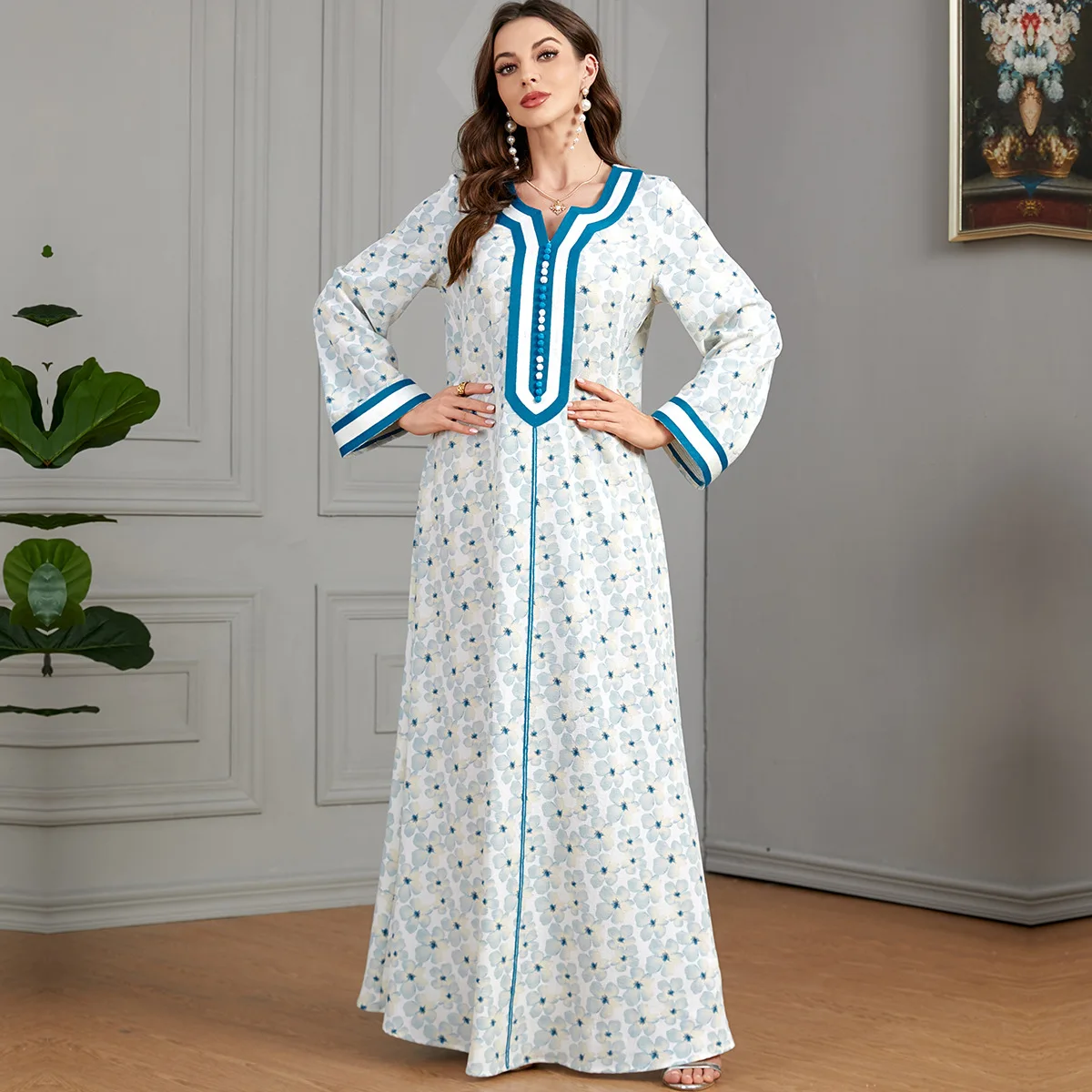 abaya dubai luxury muslim new printed long sleeve V-neck women printed dress women modest abaya muslim dress for ladies 3517