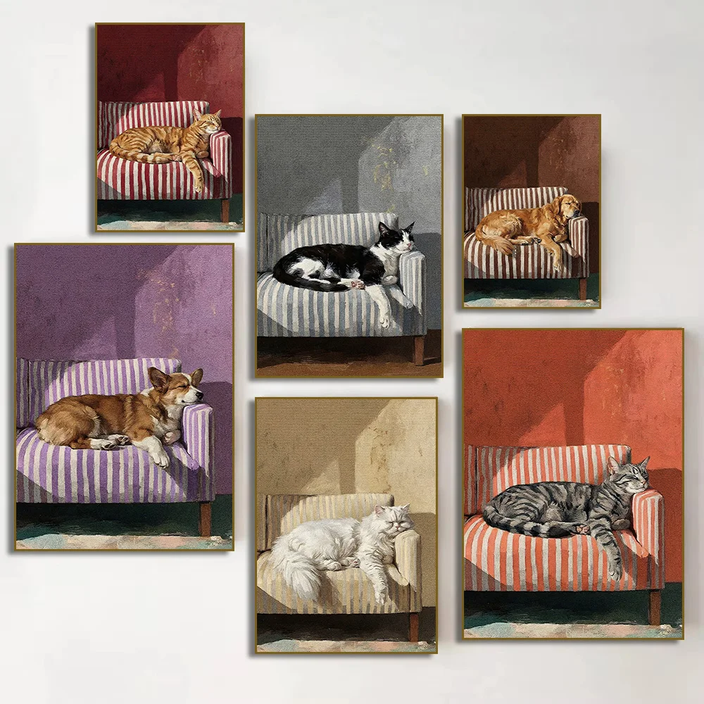 Sleeping Tabby Cat on Striped Couch Poster Corgi German Shepherd Lazy Animal on Sofa Canvas Painting Print Home Decor Cuadros