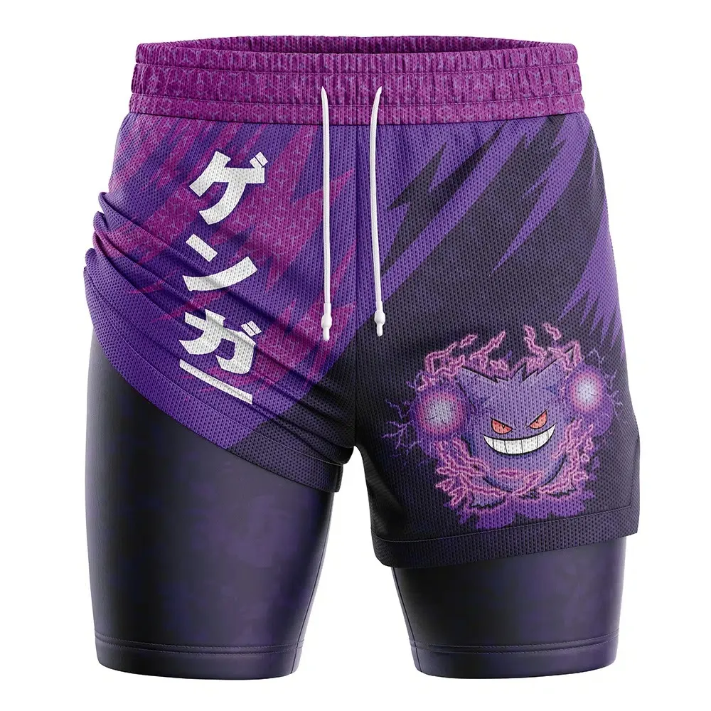 shorts-de-ginastica-unissex-bandai-gengar-attack-pocket-monster-anime-camada-dupla-2-em-1-desempenho-secagem-rapida-leve-e-macio-para-o-verao