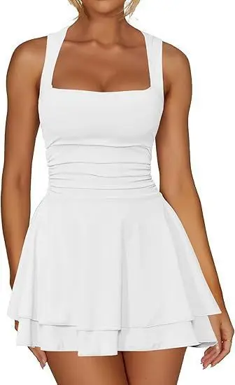 Solid Color Dresses 2025 Woman Slim Temperament Spring Autumn Fashion Short Dresses Suspender Square Neck Pleated Clothing