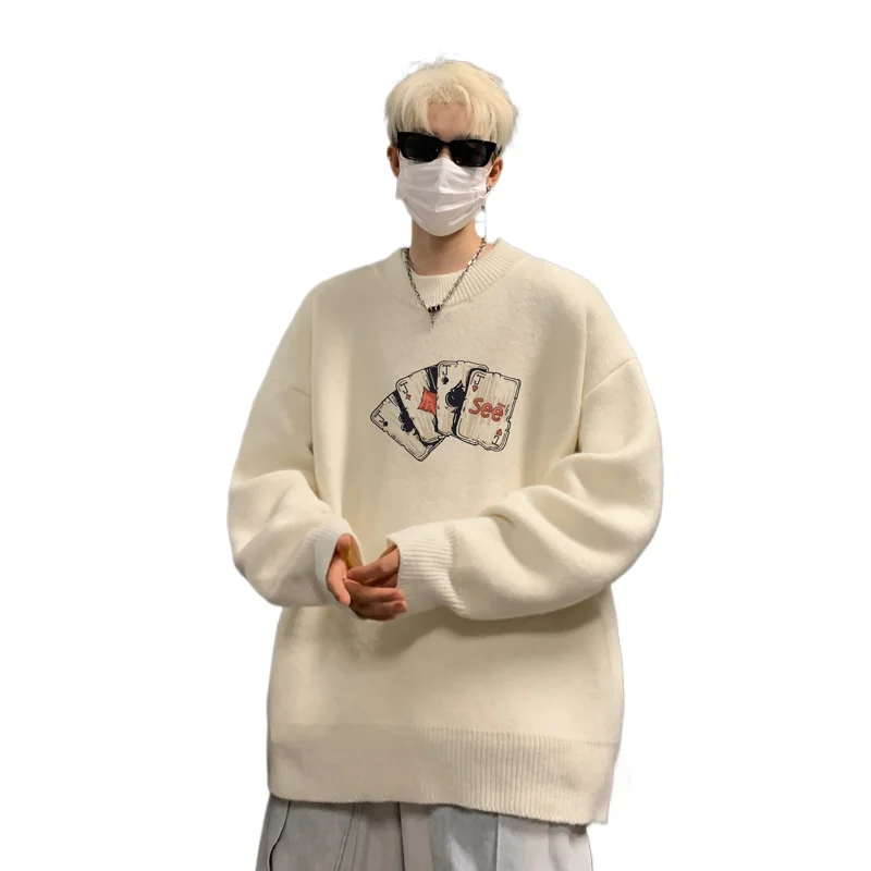 Sweter Pria Ukuran Besar Musim Gugur Putih Rajutan 5XL Motif Poker Fashion Pakaian Kasual untuk Pria Pullover Rajut Pakaian Pria