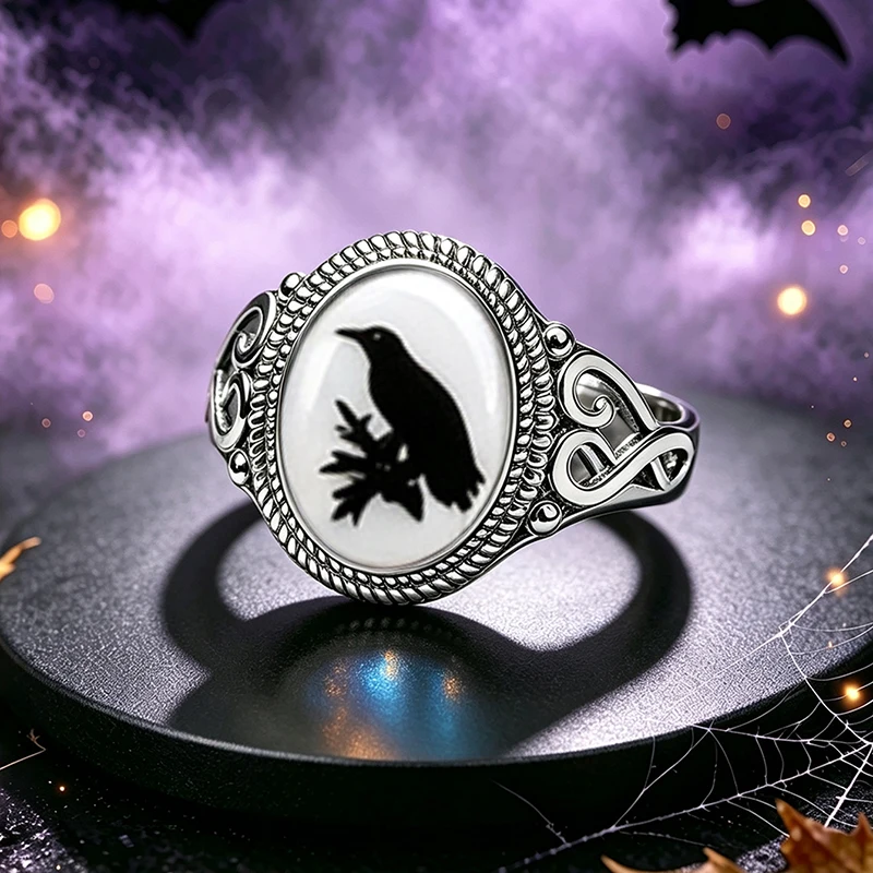 Raven Crow Stained Glass Ring Gothic Black Lace Oval Glass Photo Bohemia Ring Handmade Unisex Jewelry Gift