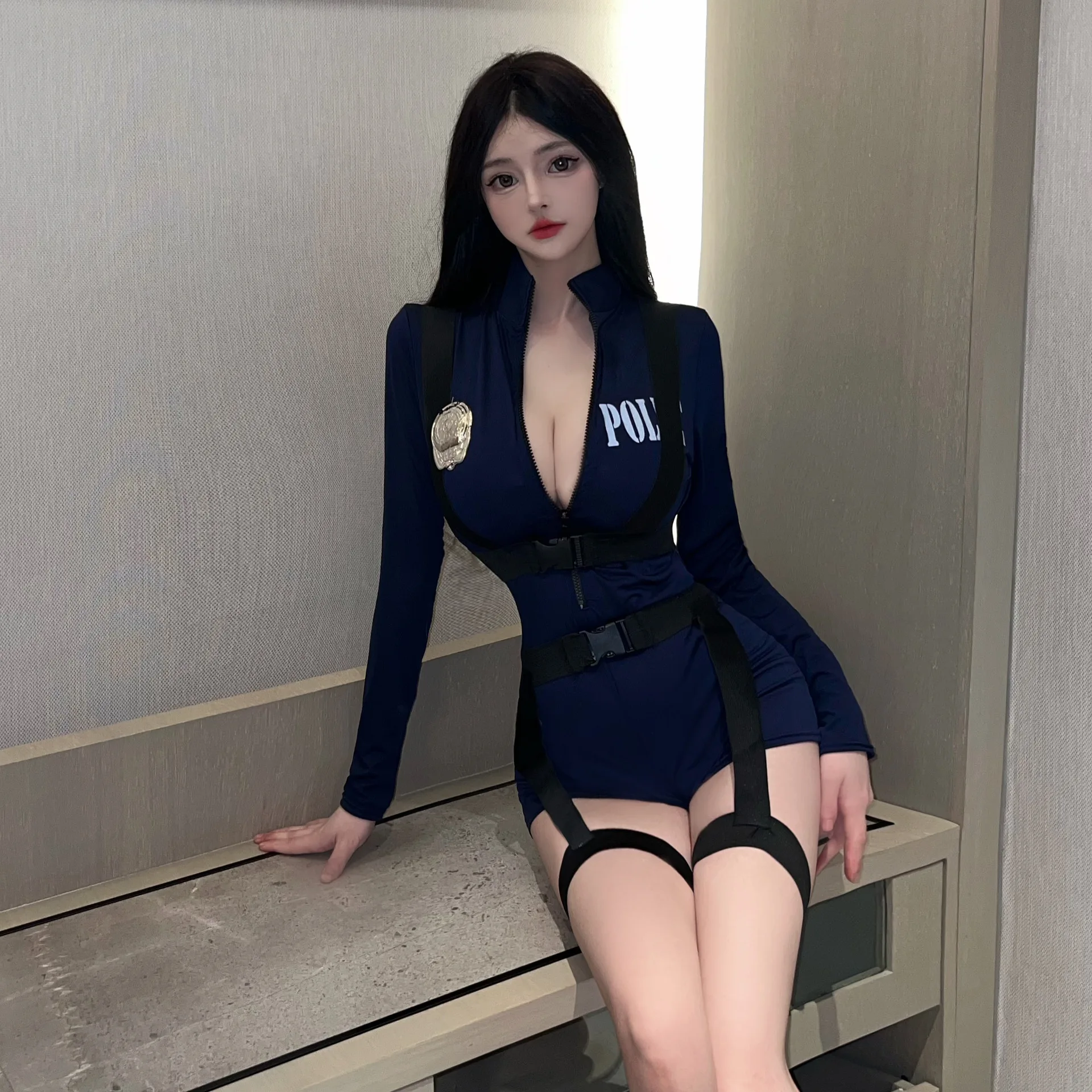 Women Blue Sexy Police Costume Female Cop Officer Uniform Halloween Fancy Party Cosplay Women Jumpsuit Performances Costumes