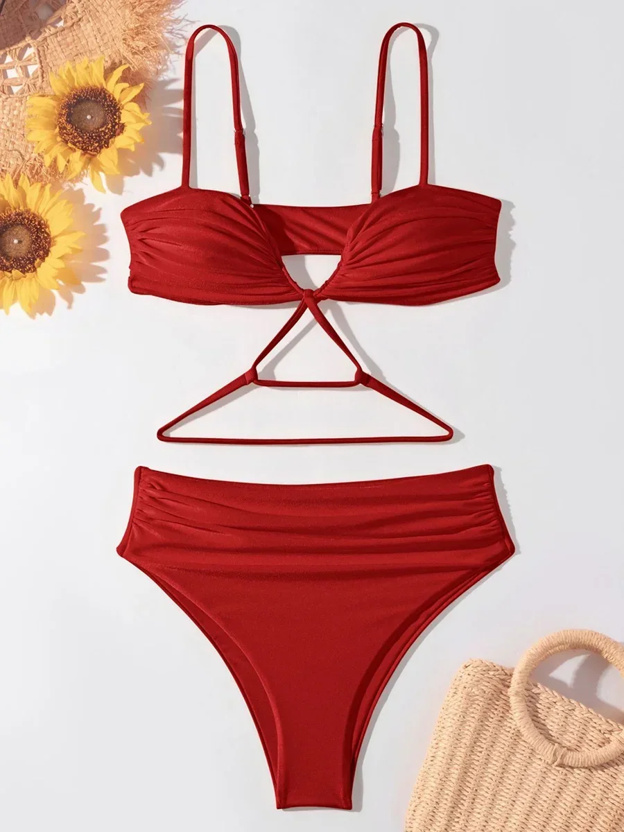 V Neck Wrinkled Stain Bikinis Female Swimsuit High Waist Bikini Women Swimwear Two-pieces Bikini Set Bather Bathing Suit Swim