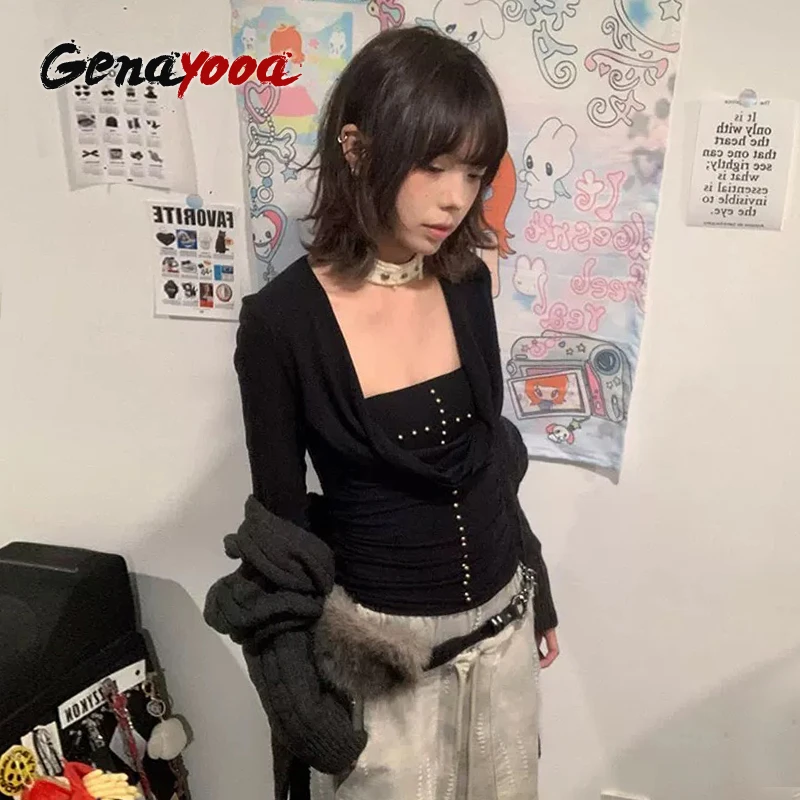 Genayooa Y2k Japanese T Shirt Women Black Rivet Punk Tops Swing Collar Streetwear Two Pieces Tops American Retro 90s Tshirts