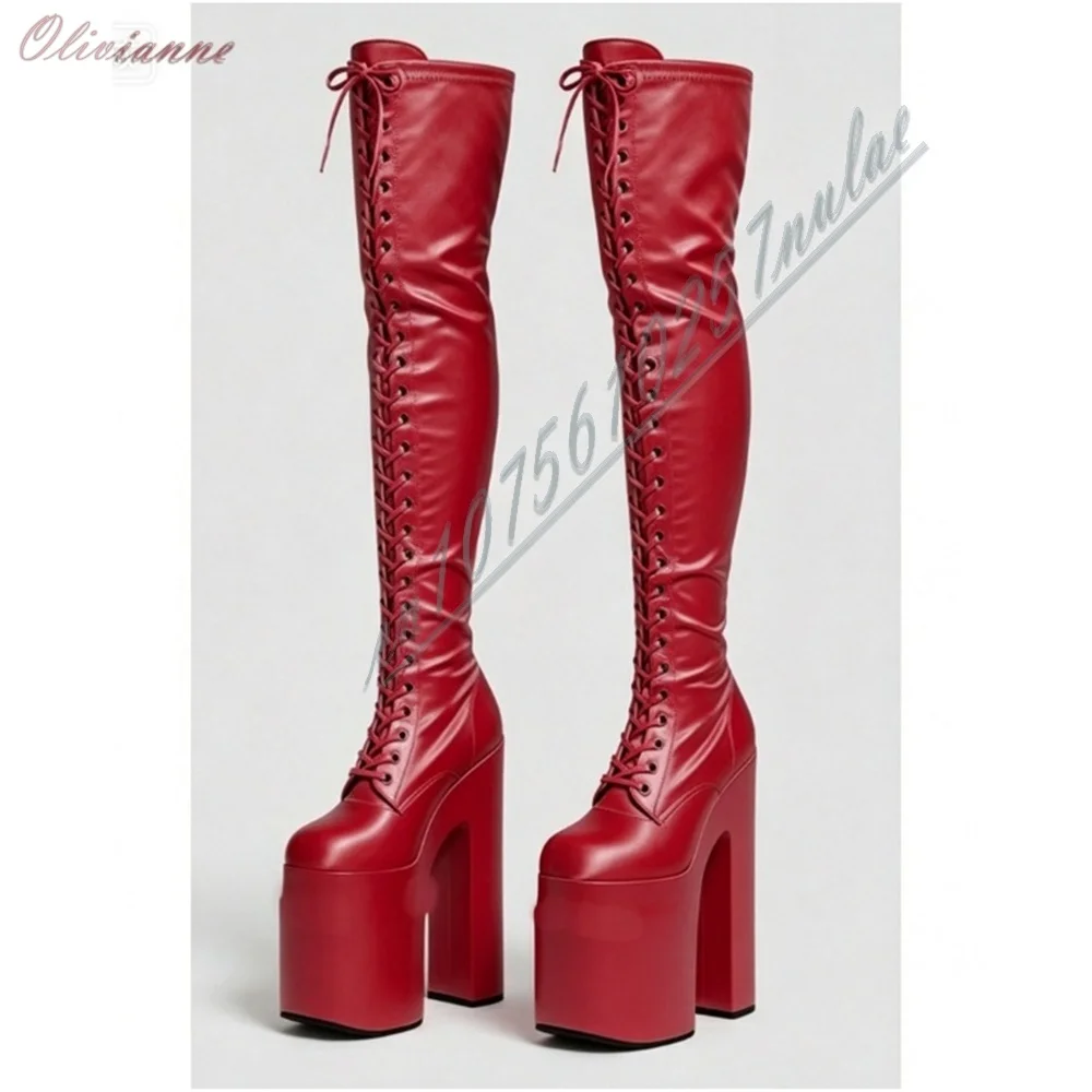 Over Over The Knee Platform Thigh High Boots Women Red Leather Front Lace Up Super High Block Heel Gothic Punk Club Party Cosplay - Aliexpress Deal