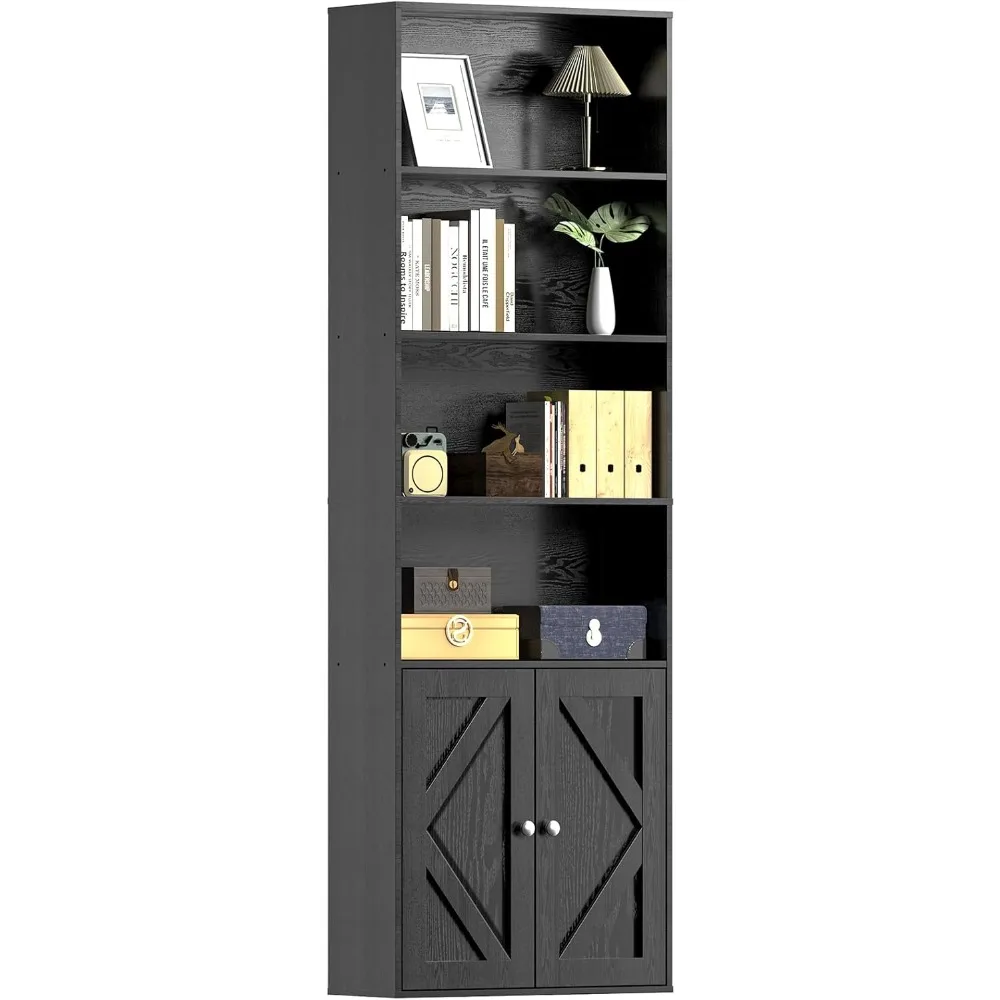 

Wooden Functional Bookshelves and Bookcases with Doors and Cabinet,Floor Standing 6 Shelf Display Storage Shelves 70.86 in Tall