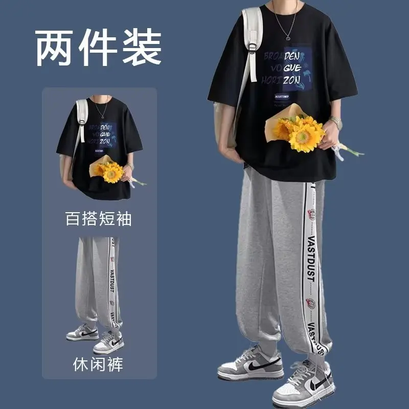 T-shirt + Pants 2 Pieces Casual Pullover Fashion Print Patchwork Male Sportswear Y2k Harajuku Hip Hop  Men's Spring Summer Sets