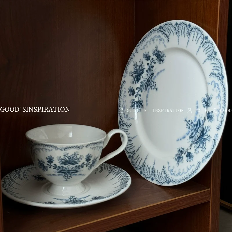 French Sle Retro Plate Coffee Cup Saucer Blue White Floral Mid-ancient Classic Ceramic Dessert Cake Western Food Regent