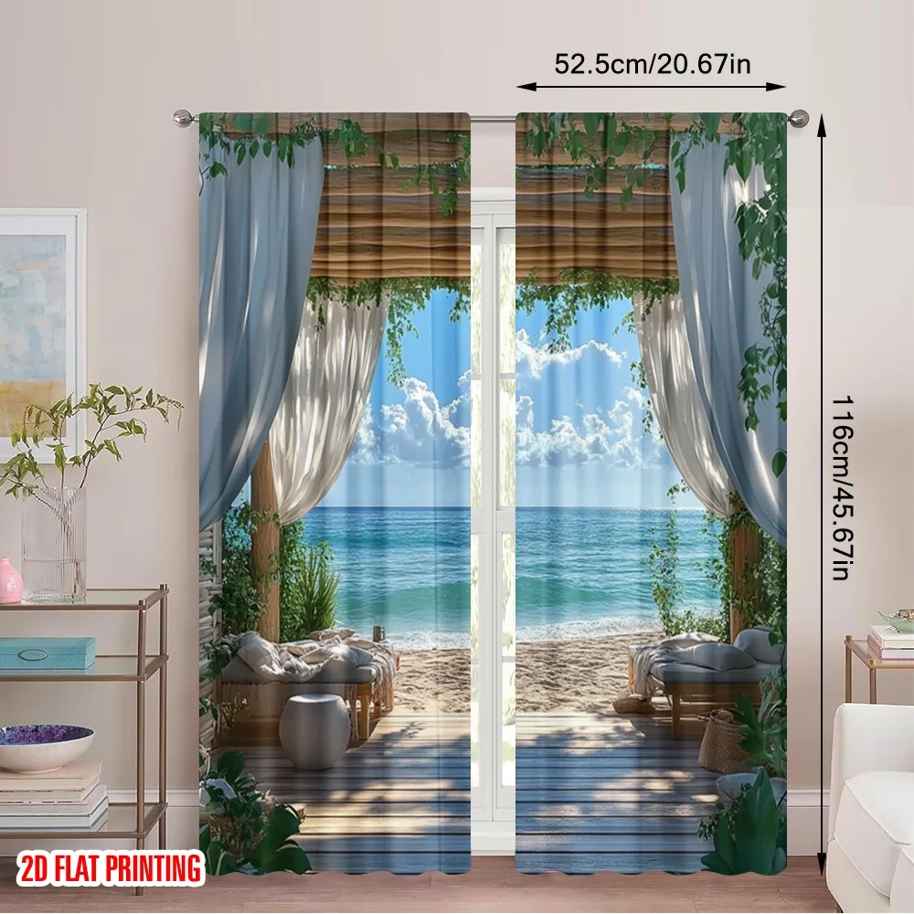 2pcs 2D flat printing Curtains Beach and cottage landscape Fabric Without Electricity 0 Use for Photo Booth Props