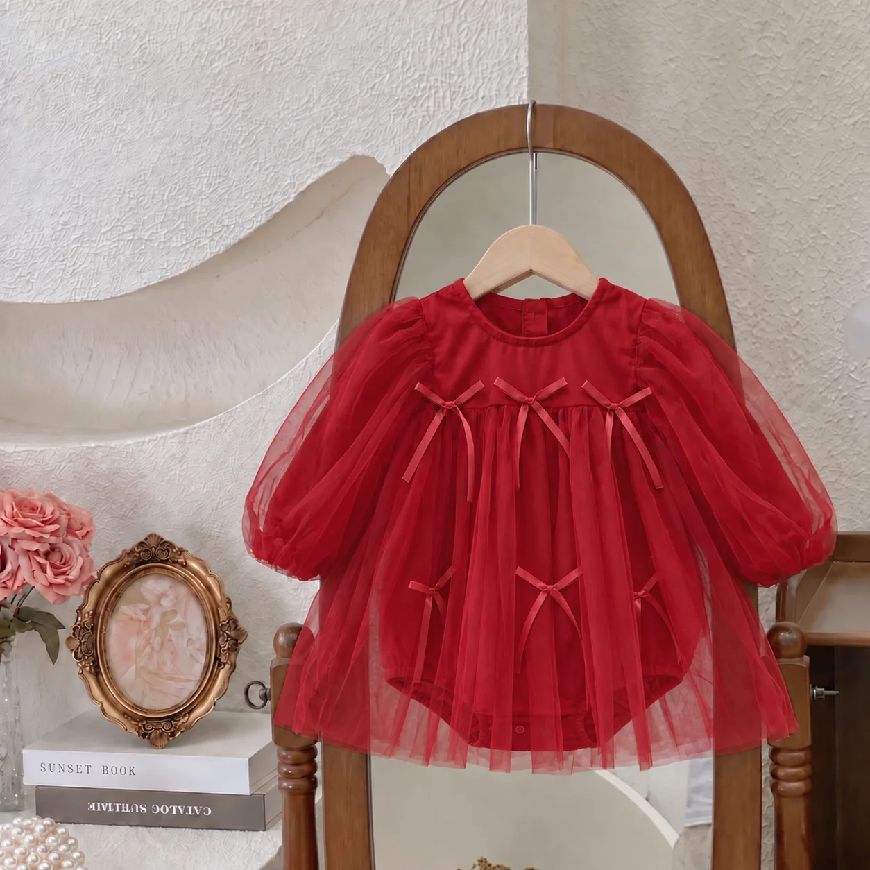 Baby Girl Red Mesh Puffy Dress, Spring and Autumn Puff Sleeve Bow Romper, Newborn Princess Style Birthday Baby Photo Shoot Dress