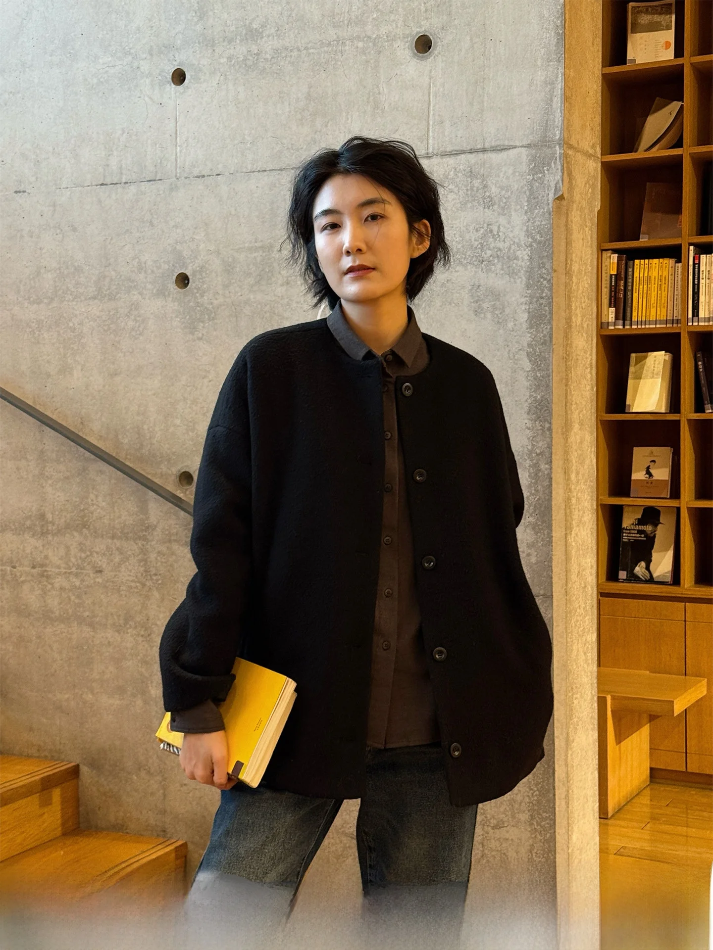 

Double-Sided Wear Woolen Coat for Women Loose Fit Warm Cotton Lined Winter New Style Blue Black Color Commute Simple Style