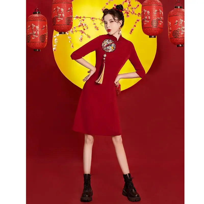 China National Style Qipao Fashion Red Spring Summer Short Print Vintage Slim Modern Women 2023 Women Cheongsam Chinese Dress