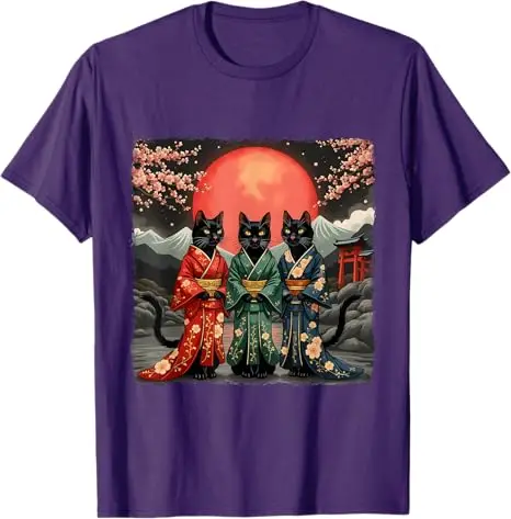 مضحك القط الجيشا انمي ياباني لطيف كيتي Kawaii الفن تي شيرت أنيق اليابان كيمونو القط الكرتون الجرافيك المحملة Y2k الملابس الجمالية
