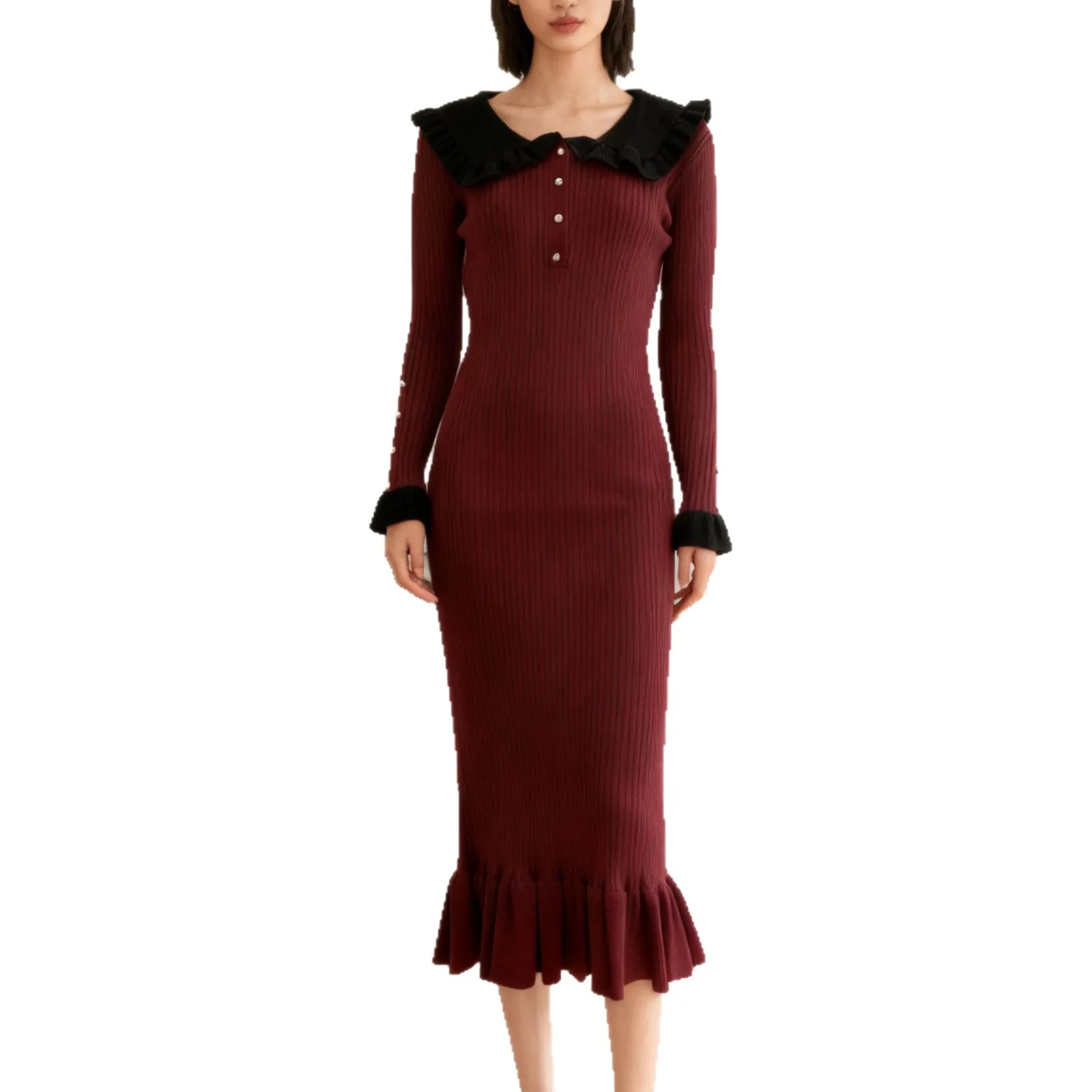 Vestidos de mujer con dobladillo con volantes, bata elegante de punto para mujer, suéter de manga larga, vestido de estilo callejero, Vestidos de noche ajustados sexis para fiesta de graduación