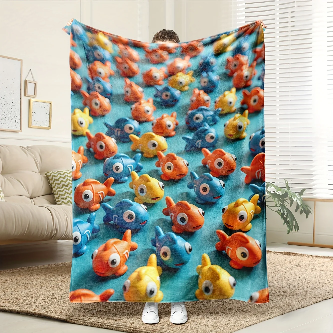 

1pc Turquoise/Green Floral Fleece Blanket - 100% Polyester All-Season, Couch/Bed Cover Gift