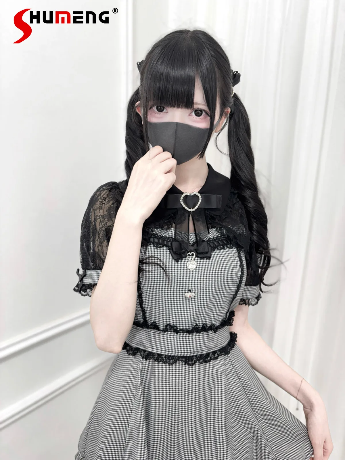 

Japanese Mines Style Lace Splicing Bow Short-sleeved Doll Collar Slim Mini Dress Elastic High Waisted Shorts Two-piece Set Women