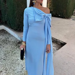 One Shoulder Long Sleeve Evening Dresses Ankle Length One Shulder Formal Occasion Blue Pink Straight Gown For Elegant Women