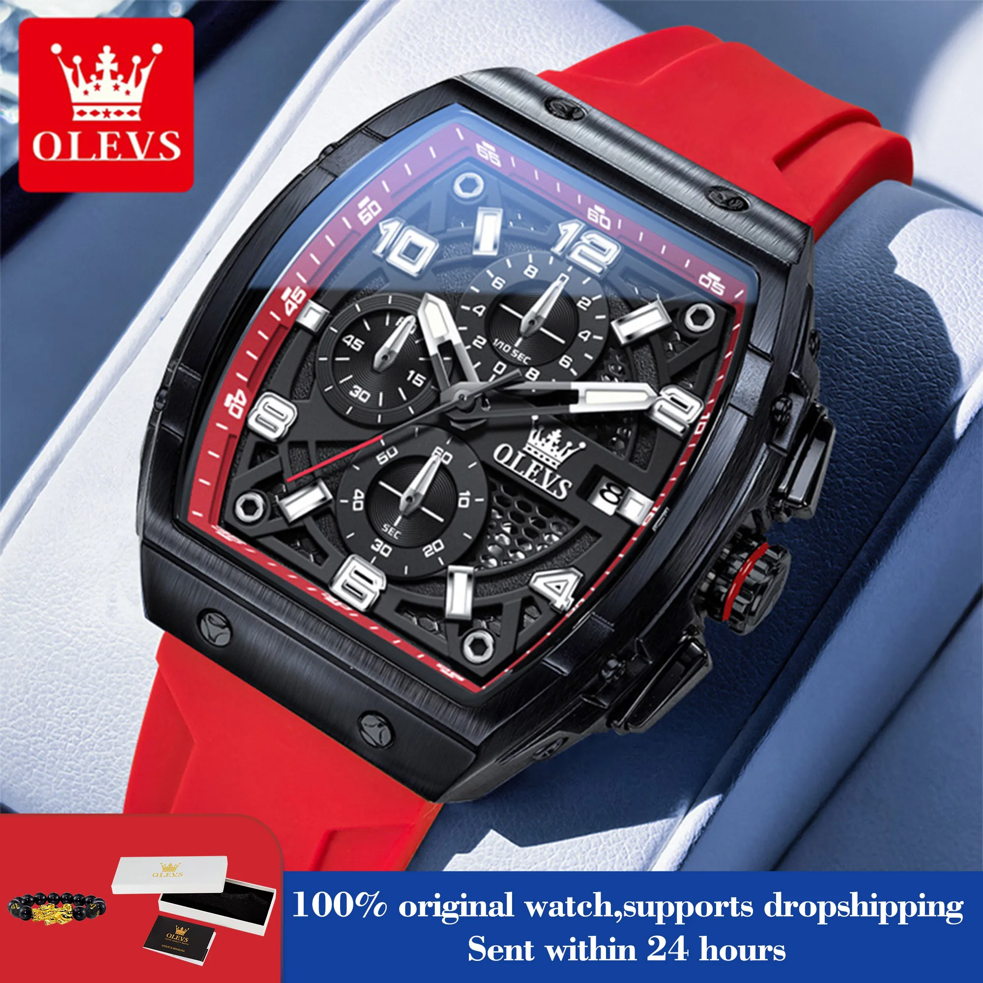 OLEVS 2976 Men's Watch Chronograph Date Quartz Watch For Men Number Scale Tonneau Big Dial Waterproof Silicone Strap Hand Clock