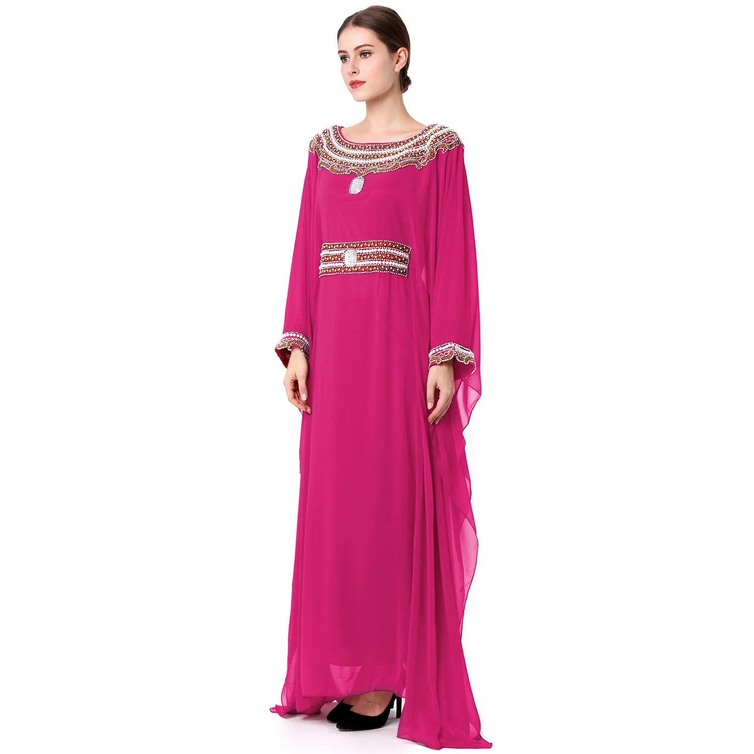 One Size Women Women's Double Layer Chiffon Round Neck Muslim Long Skirt Embroidered Bat Sleeve Design Middle Eastern Robe