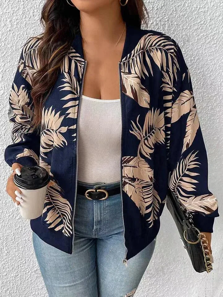 plus size Women\'s Fashion Temperament Printed Zip Jacket, Large Size Baseball Collar Zip Jacket women clothing