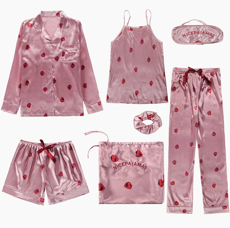 Spring Summer 7 Pcs Silk Pijamas Set Sexy Women Pajamas Print Shorts Long Sleeve Top Elastic Waist Pants Full Lounge Sleepwear