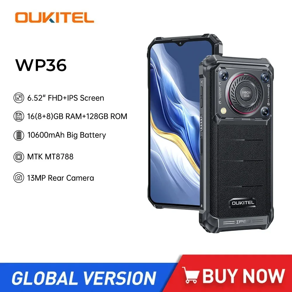 

Oukitel WP36 Rugged 4G Smartphone 6.52Inch HD+ Display Octa Core 16GB+128GB Android 13 Mobile Phone 10600mAh 13MP Camera OTG NFC