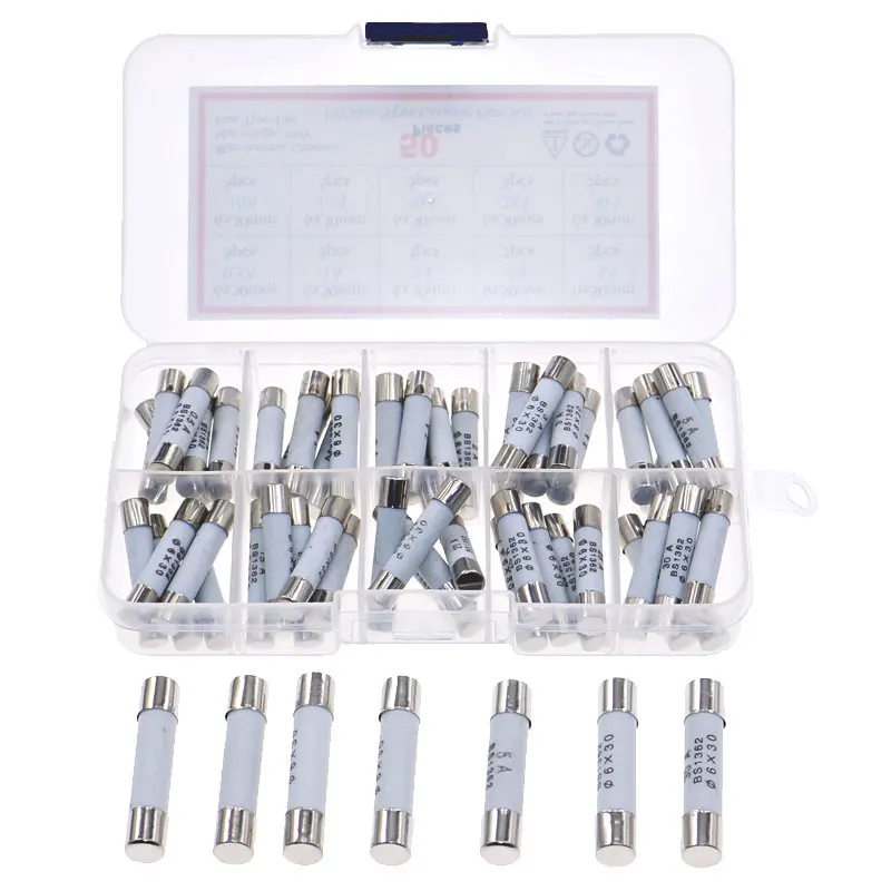 50pcs 6mm*30mm 250V Fast Blow Ceramic Fuse Tube Assortment Mixed pack kit 0.5A 1A 2A 3A 5A 10A 15A 20A 25A 30A